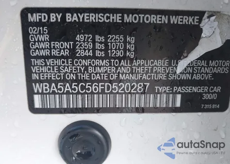 2015 BMW 528I from USA, damaged, VIN WBA5A5C56FD520287